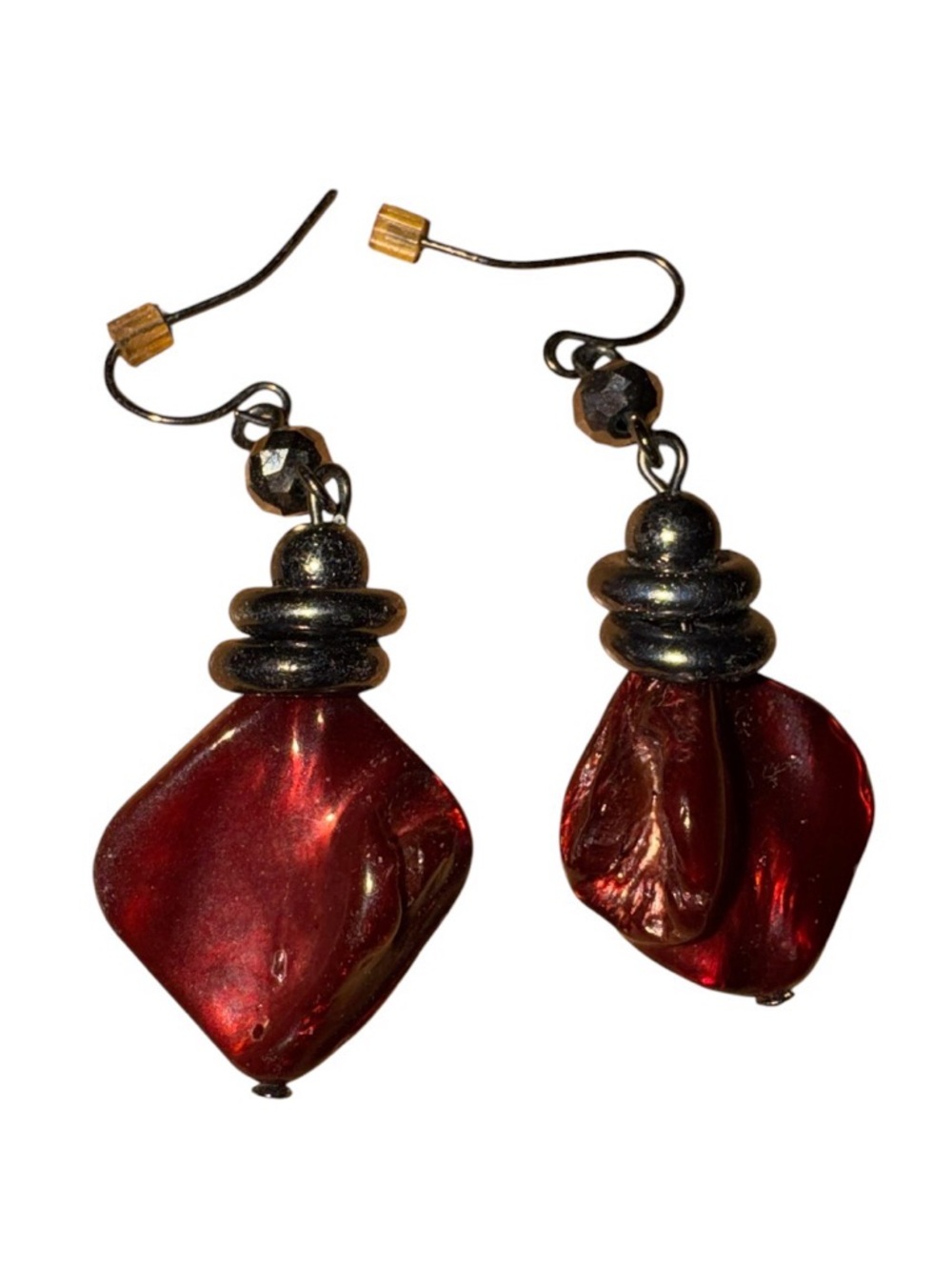 Red Glass Drop Earrings with Gunmetal Accents
